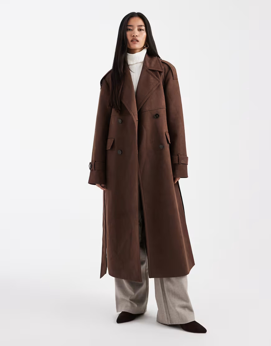 4th & Reckless faux suede double breasted belted midi trench coat in brown | ASOS (Global)