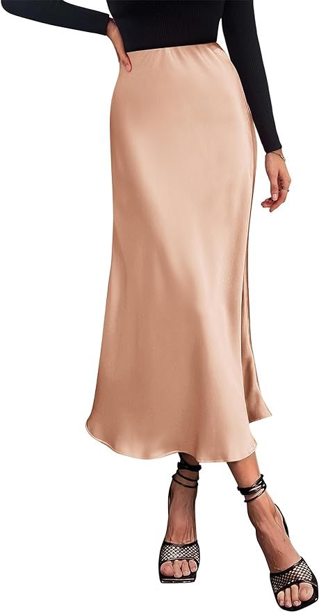PRETTYGARDEN Women's Midi Satin Skirt Dressy Casual High Waisted A Line Flowy Ruffle Elegant Part... | Amazon (US)