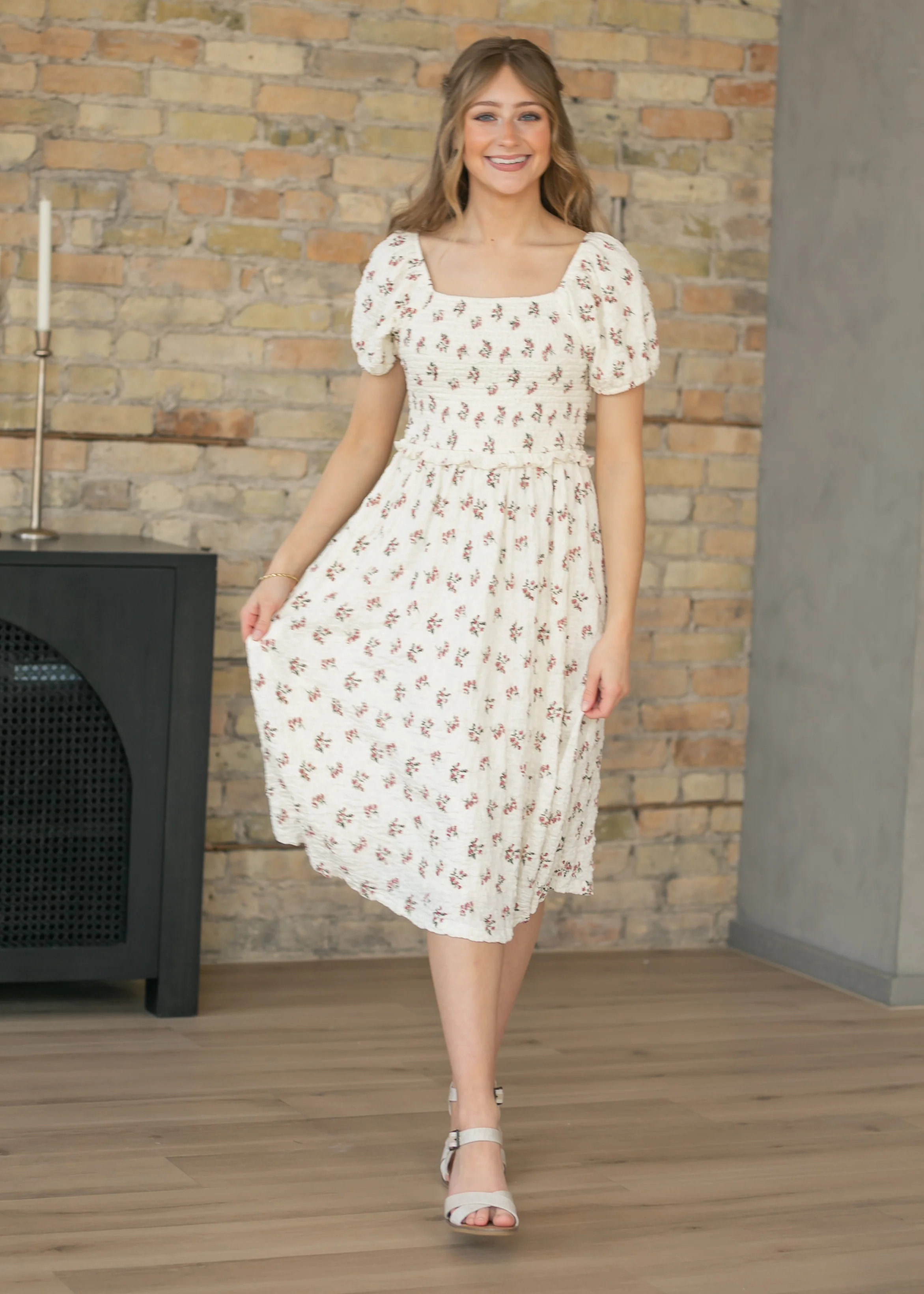 Textured Floral Smocked Midi Dress | Inherit Clothing Co.