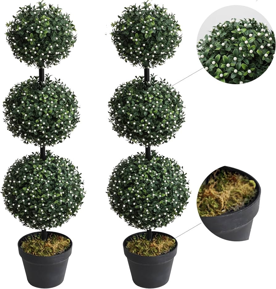 2 Pack Artificial Topiary Topiaries Ball White Fruit Tree -Triple Ball Boxwood- 37Inch/Triple Bal... | Amazon (US)