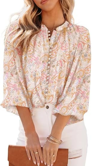 SHEWIN Women's Tops Casual V Neck Lantern Long Sleeve Boho Floral Print Button Down Shirts Chiffo... | Amazon (US)