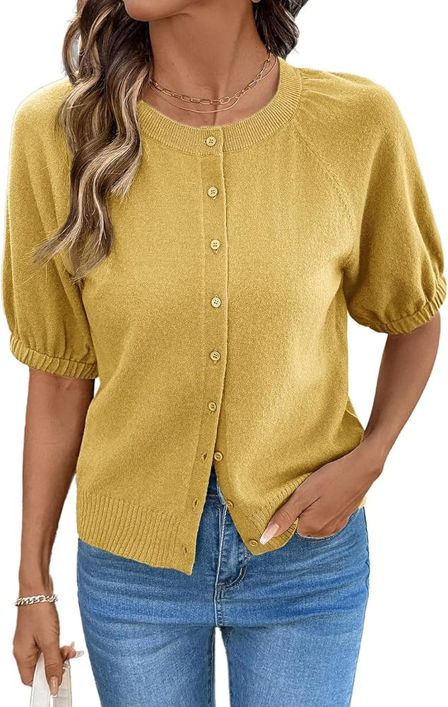 Dokotoo Women's Summer Casual Puff Short Sleeve Cardigan Sweaters Lightweight Soft Crewneck Butto... | Amazon (US)
