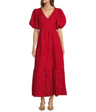 Sugarlips Arielle Jacquard V Neck Short Puff Sleeve Tiered Maxi Dress | Dillard's | Dillard's