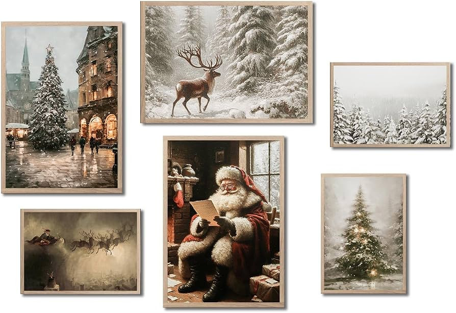 ZGQBSQ Christmas Vintage Painting Print Winter Rustic Wall Art Farmhouse Holiday Decor Mid Centur... | Amazon (US)