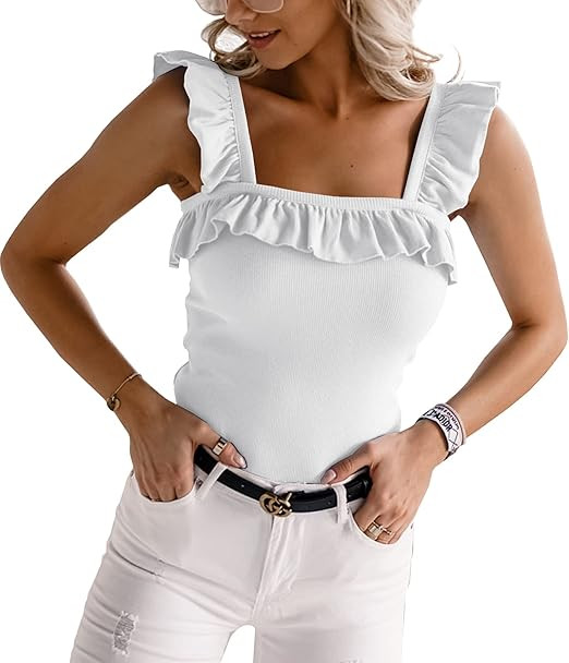 Womens Cute Sleeveless Tank Tops Ruffle Strap Square Neck Blouse Solid Color Knitted Camisole | Amazon (US)