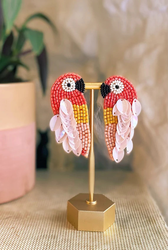Pretty in Pink Beaded Parrot Earrings | Etsy | Etsy (US)