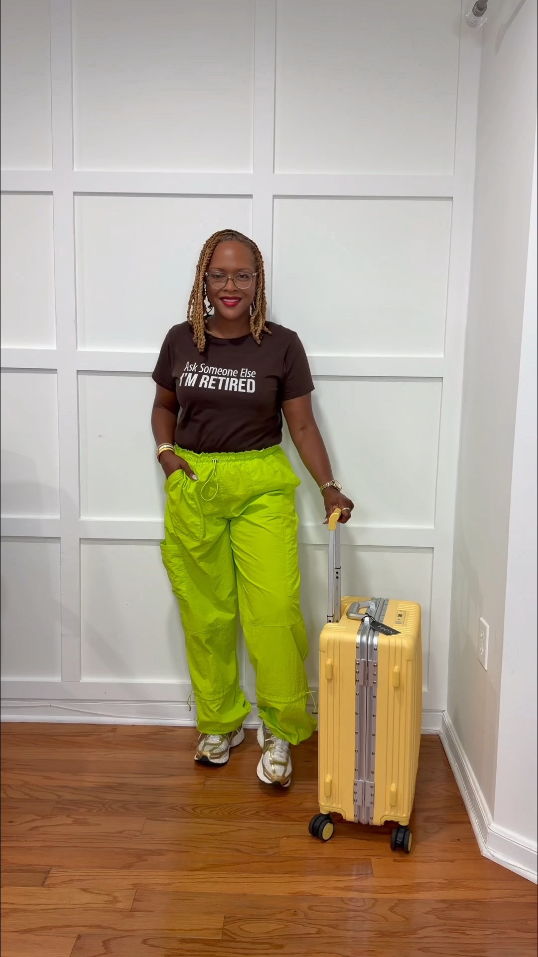 Cargo pants for travel or running errands

Retired tee shirt 

Yellow carry on suit case

#LTKvlog #LTKTravel #LTKdayinmylife