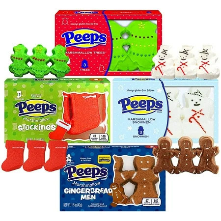 Christmas Peeps Marshmallow Candy Packs, Sugar Coated Character Shaped Marshmallows, Pack of 4, 12 Pieces | Walmart (US)