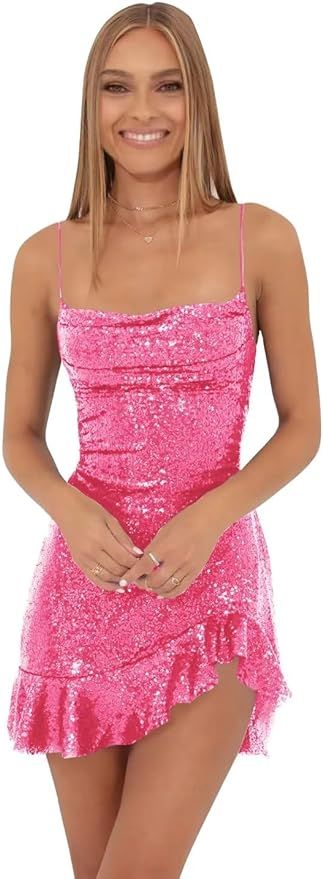 Qgeno Sparkly Sequin Short Tight Homecoming Dresses for Teens Spaghetti Straps Sexy Backless Cock... | Amazon (US)