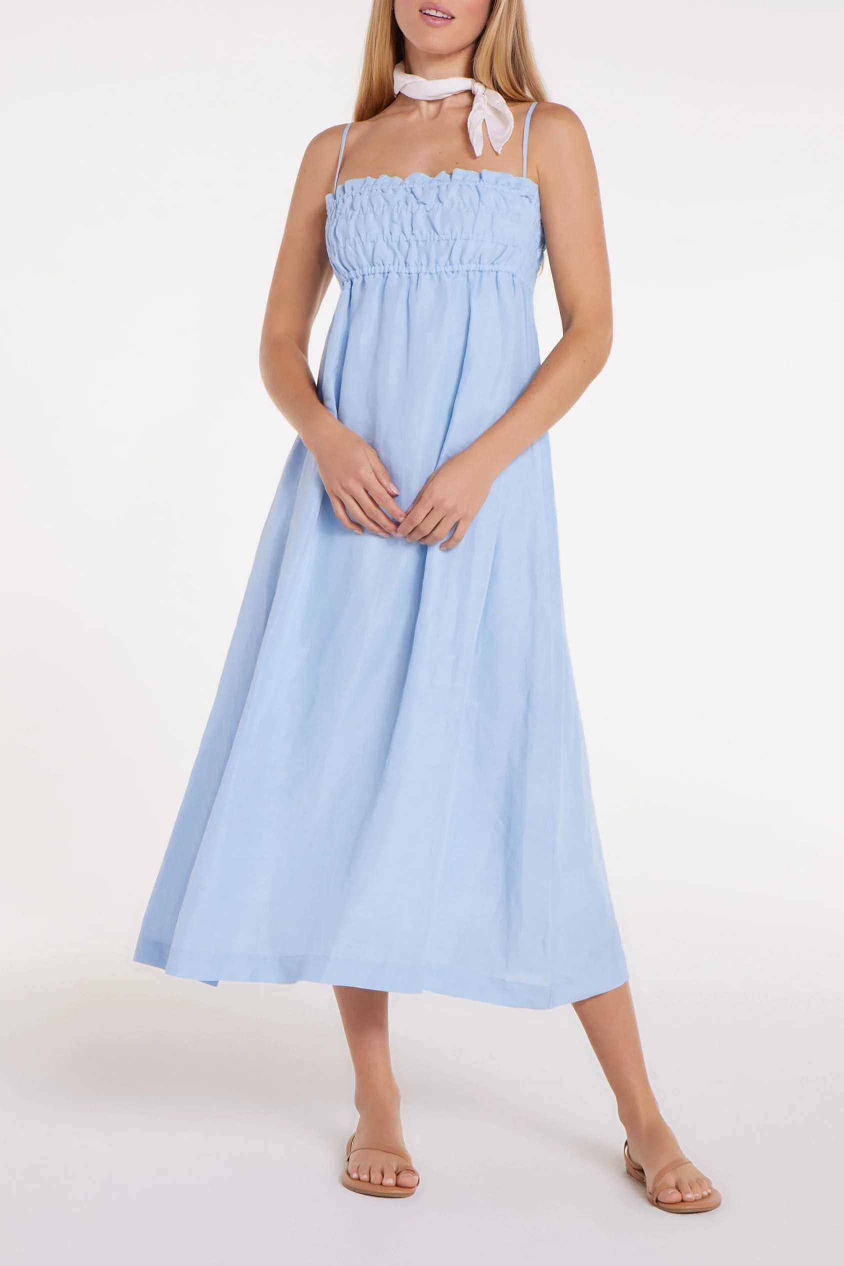 Margot Smocked Spaghetti Strap Midi Dress in Chambray Blue | Hermoza