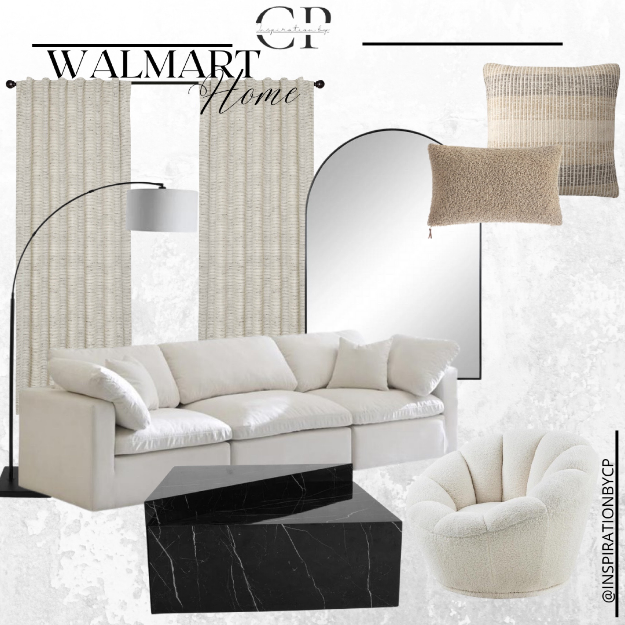 WALMART HOME, modern sofa, floor lamp, home living furniture, curtains, arched mirror, floor mirror, accent chair, swivel chair, marble, marble coffee table, black marble, throw pillows, modern home, home decor, boucle, Walmart finds, better homes and gardens

#LTKstyletip #LTKFind #LTKhome