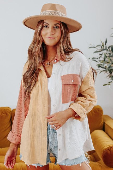 Button Down Colorblock Crinkle Shirt-FINAL SALE | Magnolia Boutique