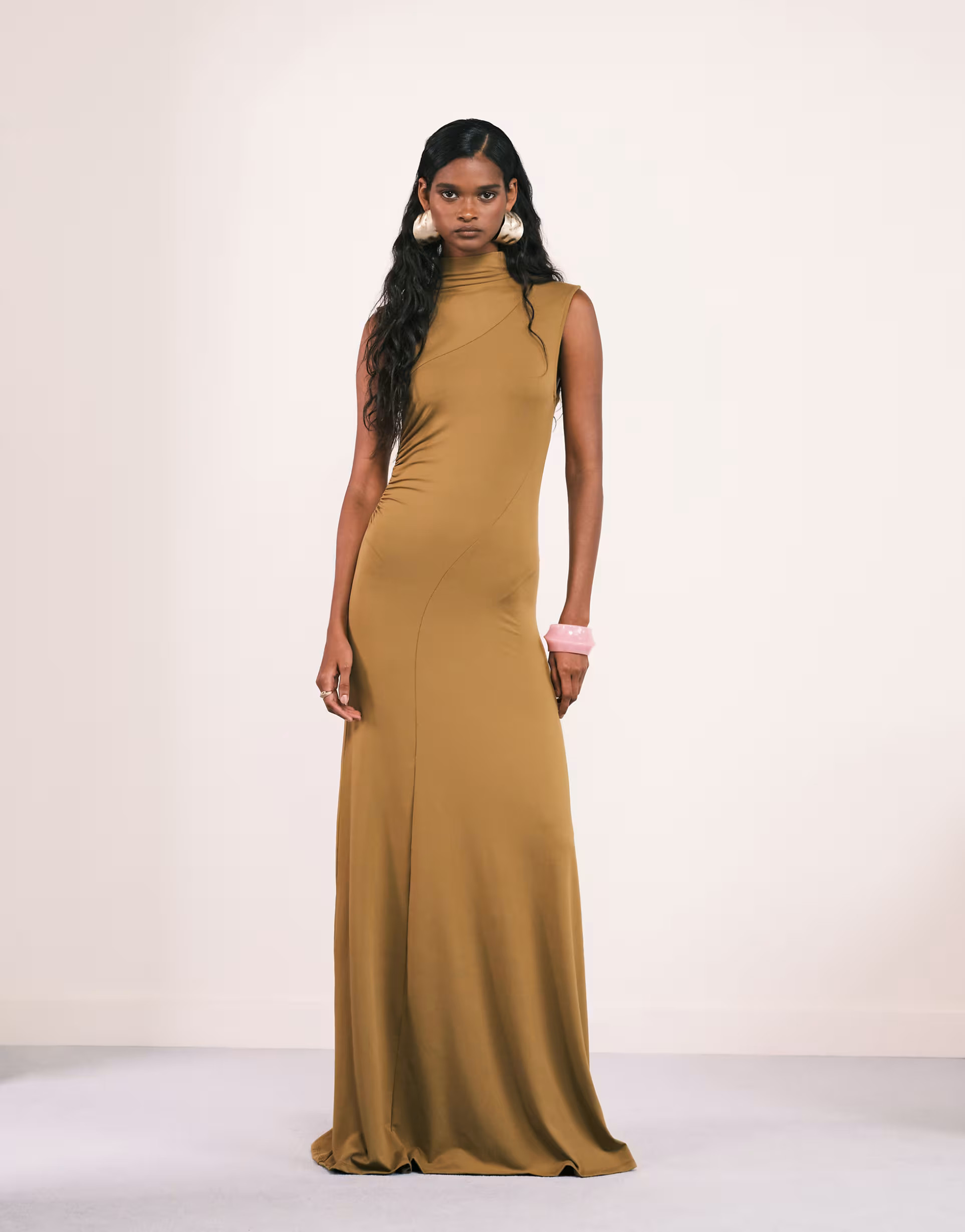 ASOS DESIGN high neck seamed drape maxi dress in mustard | ASOS | ASOS (Global)