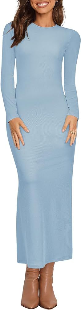 Zwurew Women's Long Sleeve Maxi Dress Round Neck Ribbed Knit Formal Casual Bodycon Dresses | Amazon (US)