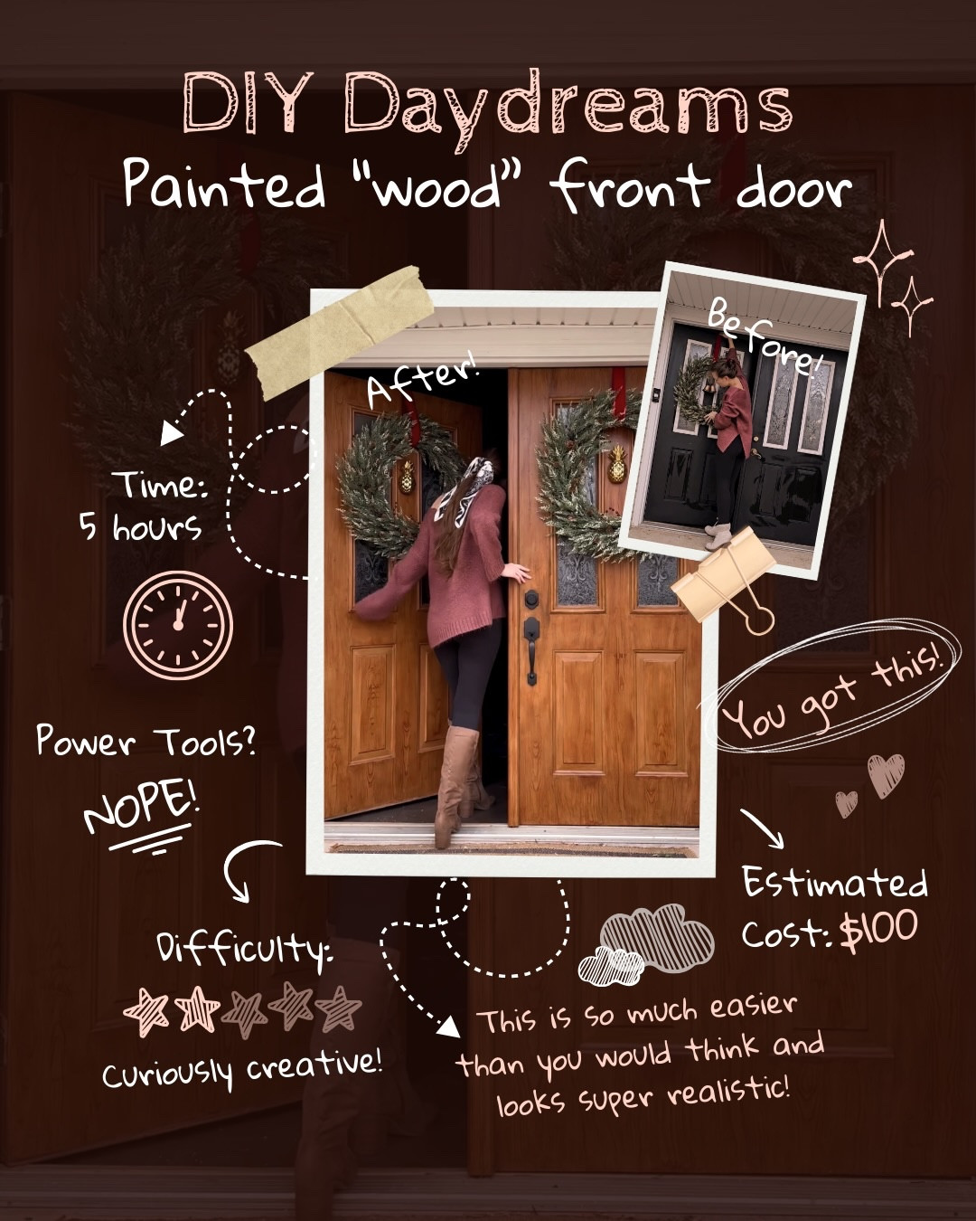 Real wood doors cost thousands, so this started as a little DIY experiment to see if I could fake the look on a budget. Turns out you can! and it’s way easier than it looks 👀✨

Gel stain dries slowly, which makes it super forgiving to work with. You can take your time, fix things as you go, and once I got into it, this project was actually really therapeutic.

If you want to try this yourself at home, comment “DIY” and I’ll send you the link to everything you need ☺️🎨

............................................................................ 

Old house, big dreams and a girl with zero experience figuring it out as she goes! 
This isn’t an expert DIY account. It’s a “you’ve got this too” kind of space 🫶
Follow along and let’s learn together! 💗

🎥 Want more than the pretty before and after? Stories are the heart of the project , unfiltered + in-progress
💌 It’s official: our cozy corner of the internet is open! Swing by the website , I’d love to see you there.

............................................................................

#DIYGirls #FauxWood #BudgetHomeDIY

faux wood door diy | gel stain faux wood technique | budget curb appeal ideas | diy front door makeover | wood look paint technique | beginner friendly diy projects | affordable home exterior updates | faux wood finish tutorial | diy door transformation | budget friendly home upgrades