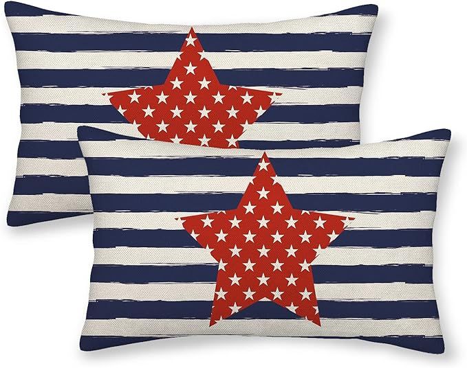 4th of July Pillow Covers 12x20 Inch Set of 2 Memorial Day Independence Day Blue Stripe Red Star ... | Amazon (US)
