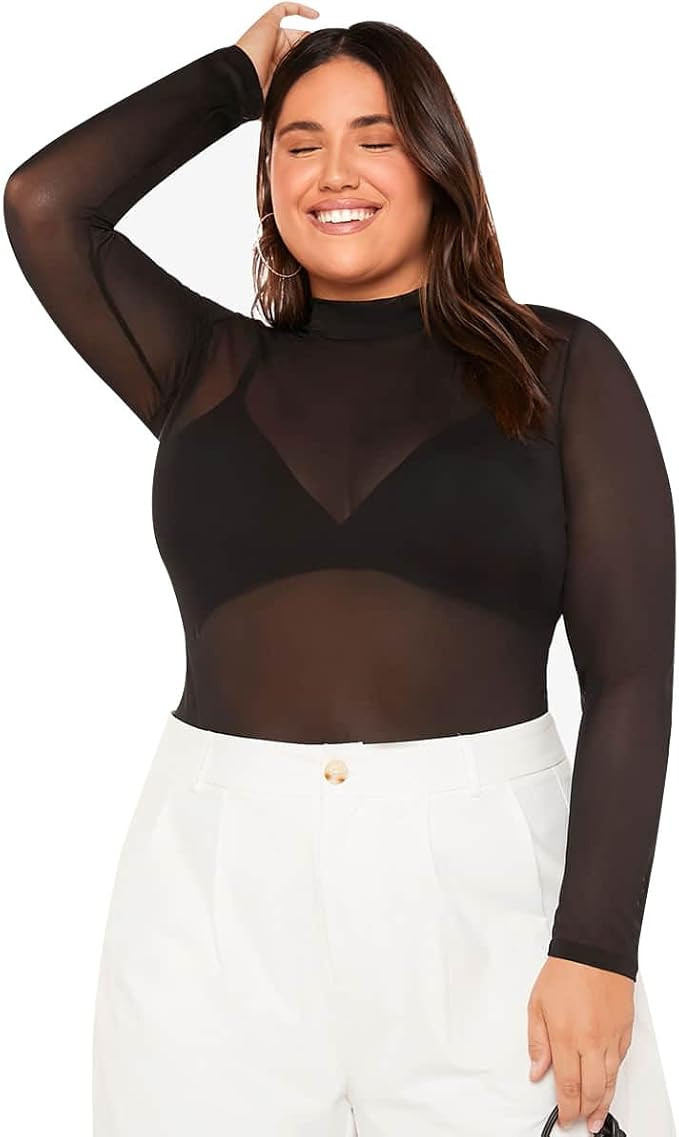 GORGLITTER Women's Sheer Mesh Long Sleeve Tops Dressy Casual Plus Gothic See Through Mock Neck Fa... | Amazon (US)