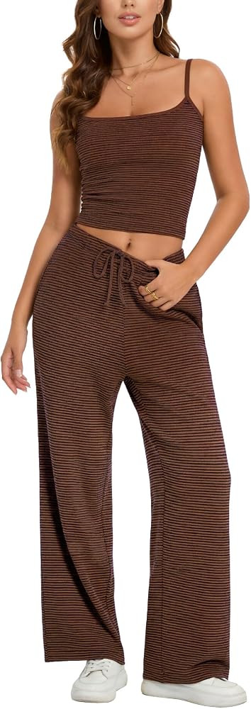 FAIABLE 2 Piece Sets for Women Striped Cami Wide Leg Pants Y2K Lounge Set Vacation Summer Beach C... | Amazon (US)