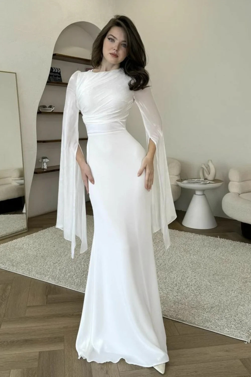Womens Womans Elegant Draped Long Flowing Sleeves Maxi Dress White / XXL | Mia Belle Girls