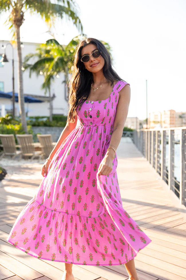 Carolina Waves Fuchsia Block Floral Midi Dress | Pink Lily