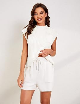 Lentta Women's Two Piece Knit Outfits Sweater Sets Solid Pullover High Waist Lounge Short Pants | Amazon (US)