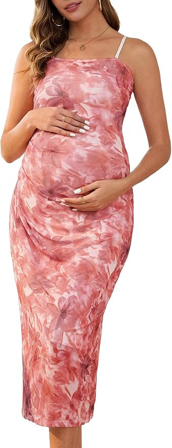 Women Maternity Dress Mesh Ruched Side Bodycon Spaghetti Strap Pregnancy Dresses for Wedding Gues... | Amazon (US)
