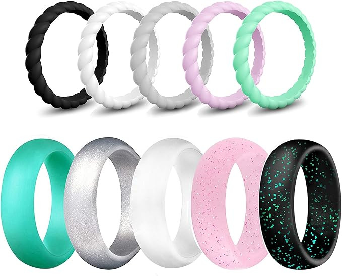 SkullParty Silicone Wedding Ring Bands for Women 10 Pack Size 5 6 7 8 9 Womens Thin Stackable & Flas | Amazon (US)