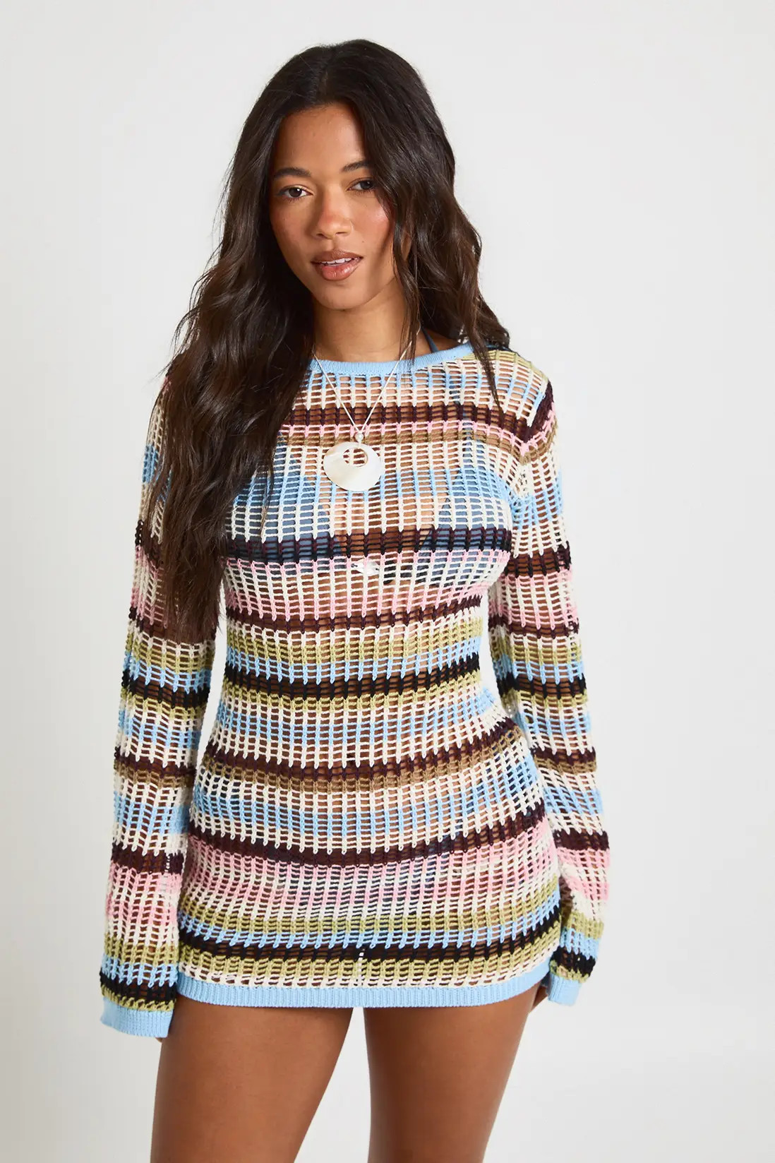 Pink Crochet Stripe Knit Flared Sleeve Mini Dress | Boohoo | Boohoo.com (UK & IE)