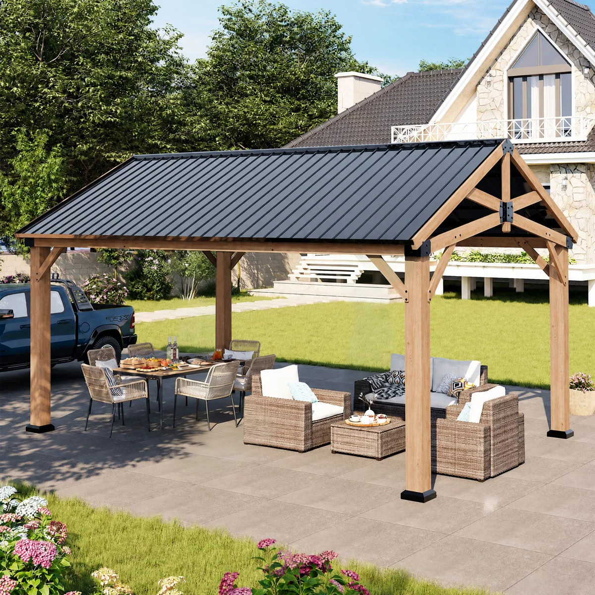 Jolydale 16 Ft. W x 12 Ft. D Soild Wood Frame Hardtop Gazebo With Galvanized Steel Peak Roof, Sui... | Wayfair North America
