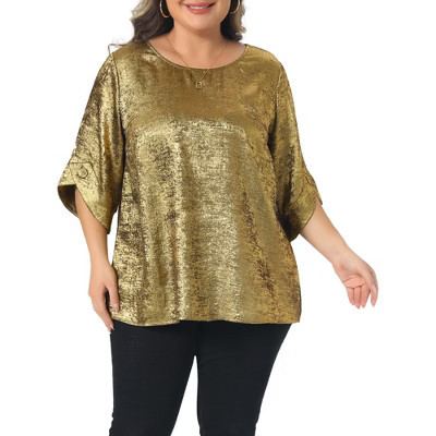 Agnes Orinda Women's Plus Size Metallic Sparkly Crew Neck Button Decor 3/4 Sleeve Casual Patry Blouses 1X Gold | Target