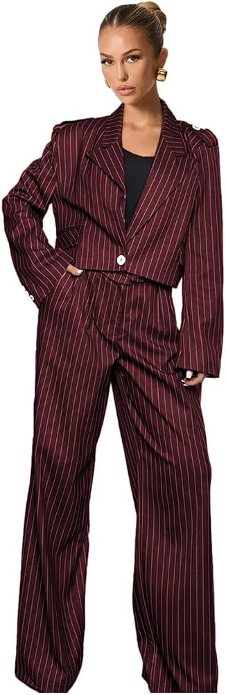 Pinstripe Pant Suits for Women Wedding Guest 2 Piece Womens Suit Casual 1 Button Short Blazer Tux... | Amazon (US)