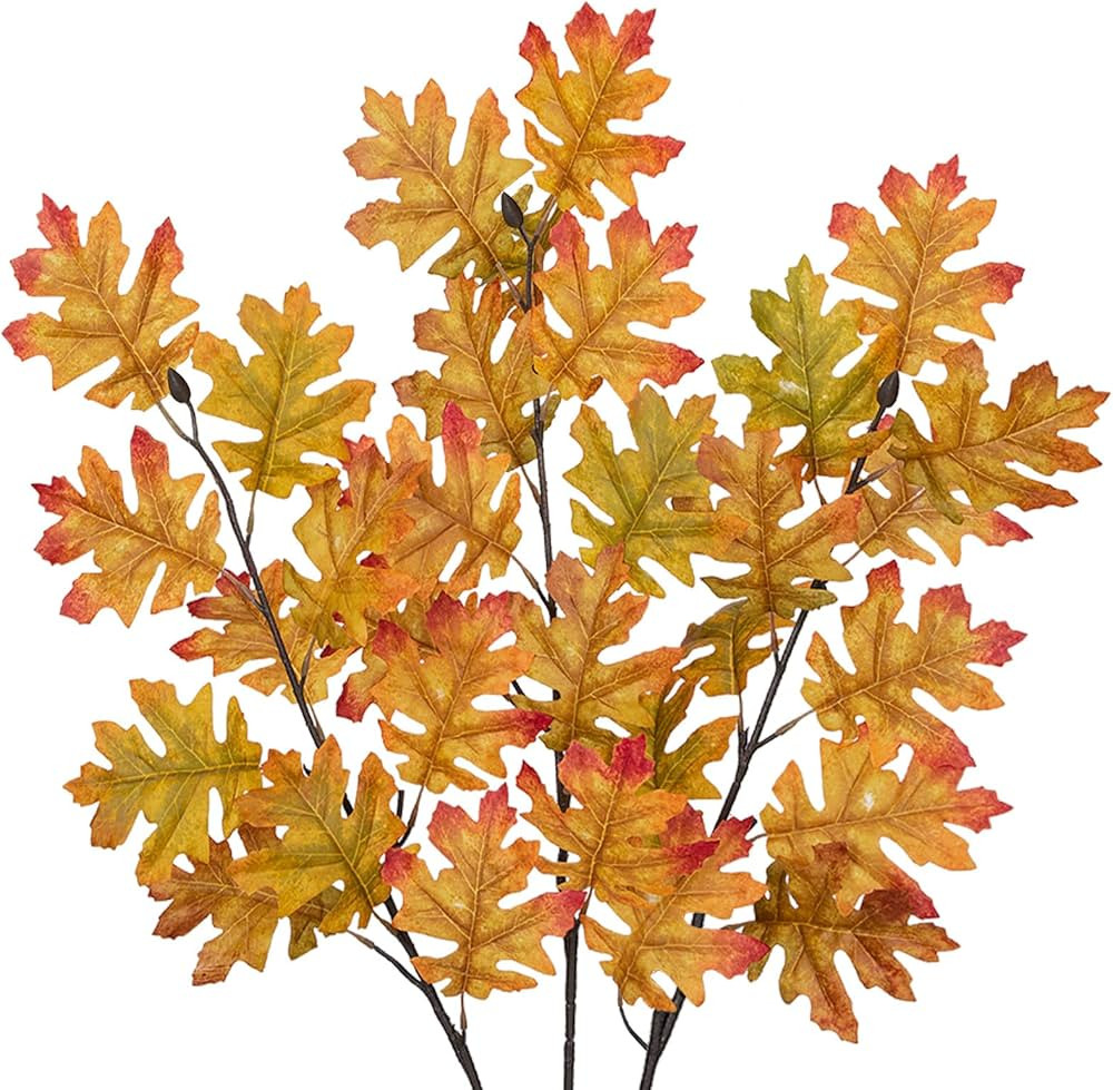 Fall Stems 35 inch Fall Leaves Stems Artificial Oak Leaves with Fake Acorns 3 Pcs Faux Fall Stems... | Amazon (US)