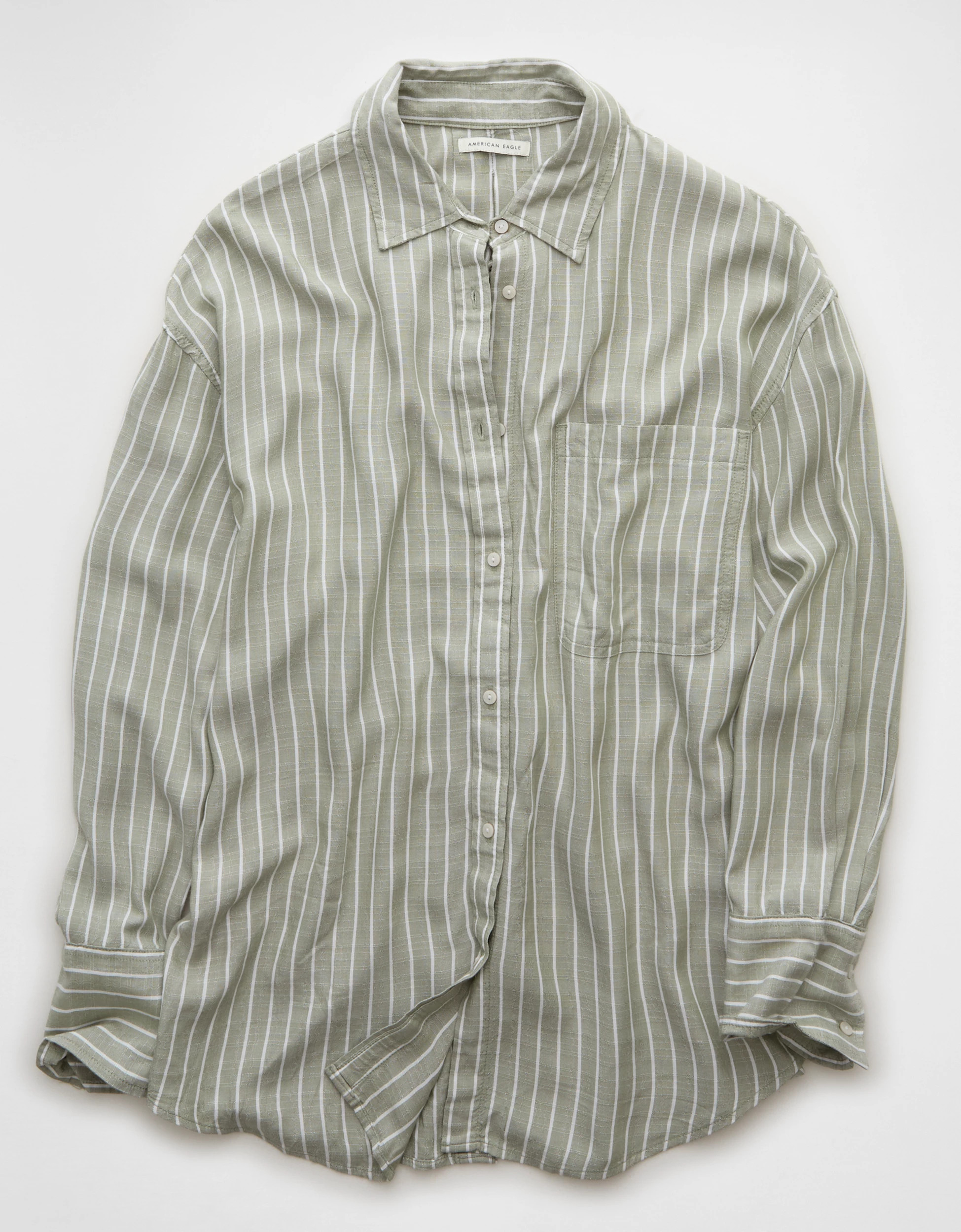AE Long-Sleeve Tie Back Button-Up Shirt | American Eagle Outfitters (US & CA)