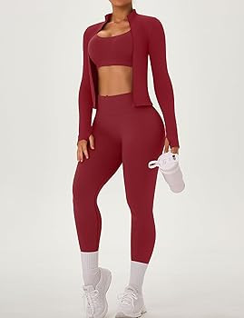 OLCHEE Womens Workout Sets 3 Piece Seamless Long Sleeve Jacket Scrunch Butt Leggings Racerback Sp... | Amazon (US)