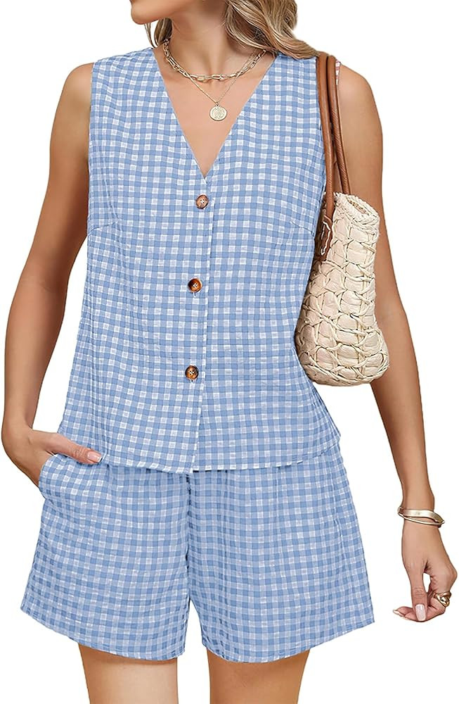 PEHMEA 2 Piece Sets for Women Summer Outfits 2025 Sleeveless V-Neck Gingham Vest and Shorts for B... | Amazon (US)