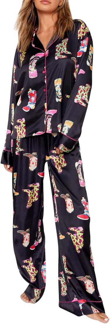 Kodaruber Women Silk Satin Pajamas Sets Cute Print Long Sleeve Button Down Shirt Palazzo Pants Y2... | Amazon (US)