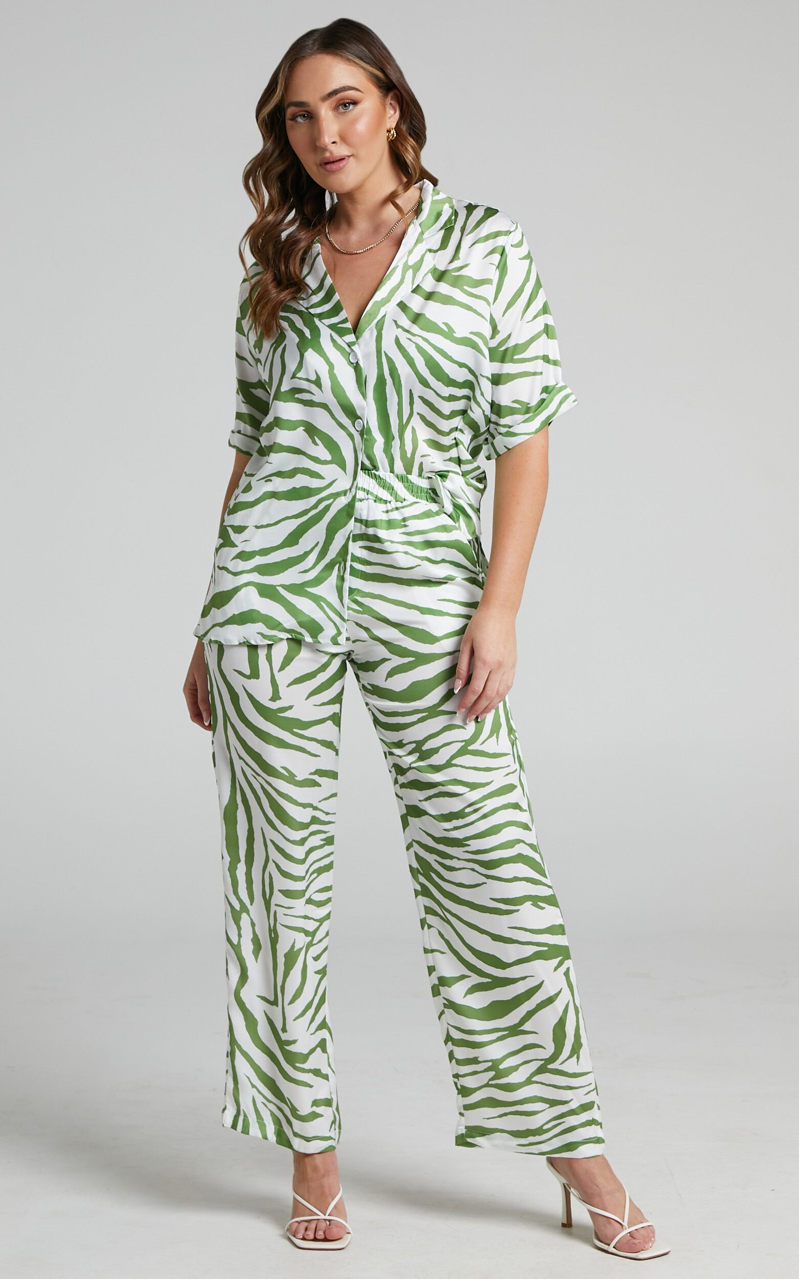 Zelda Short Sleeve Shirt and Pants Two Piece Set in Lime/White Zebra | Showpo (ANZ)