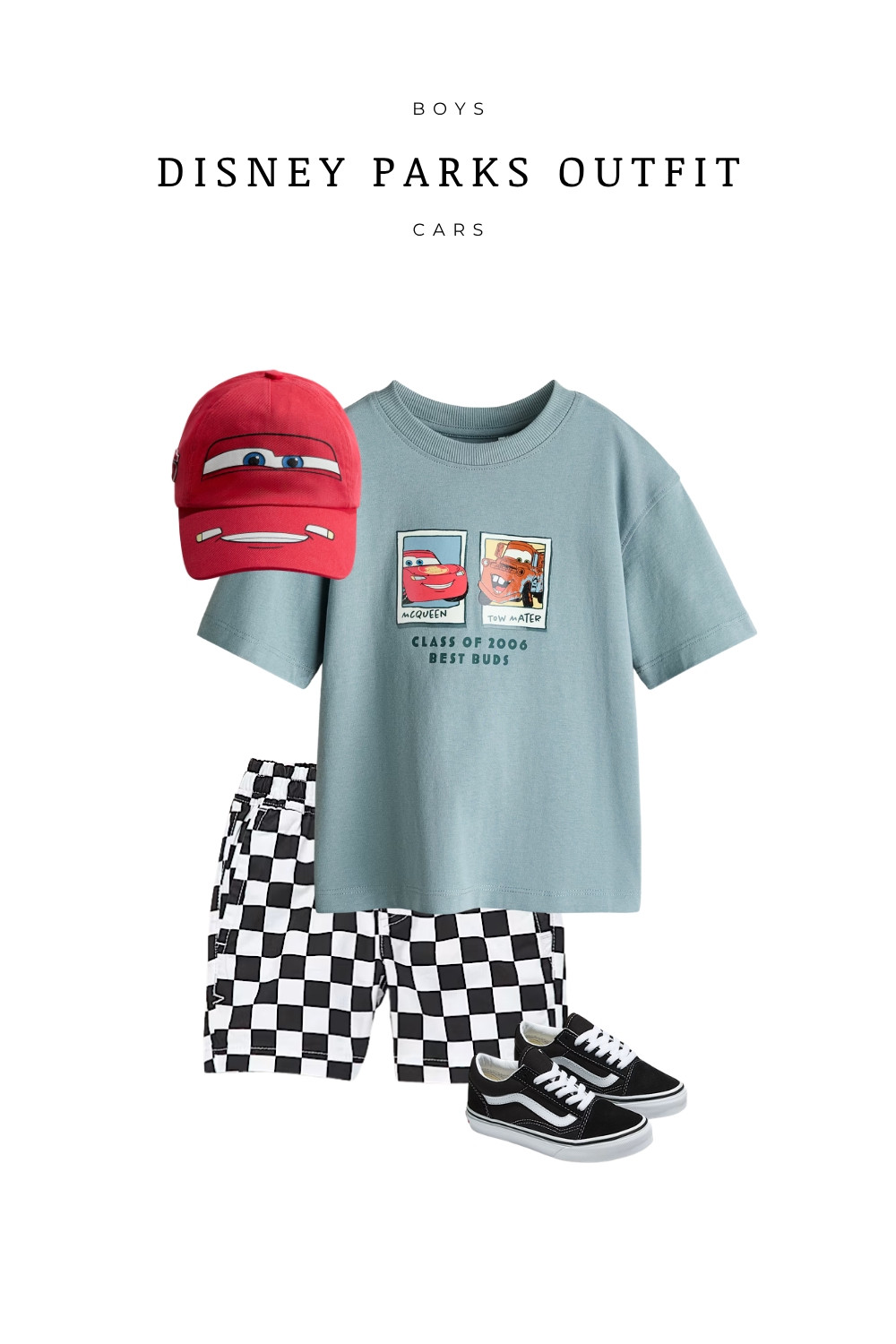 Boys Disney Cars outfit featuring a Lightning McQueen graphic tee inspired by H&M, paired with checkered shorts and Vans sneakers. Perfect Disney park outfit for toddlers and little boys, comfortable for all-day wear at Disneyland or Disney World. Great summer outfit idea for boys who love Cars, Lightning McQueen, and casual streetwear style.

#LTKKids #LTKTravel #LTKootd