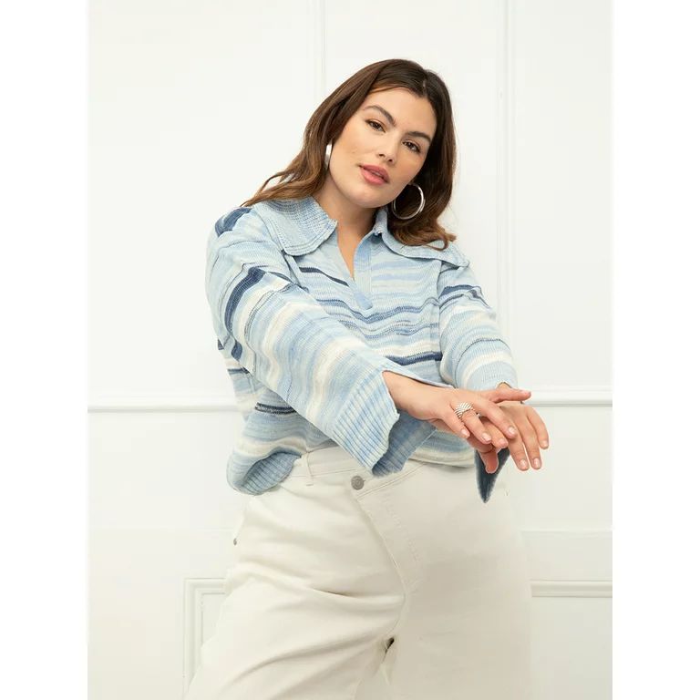 ELOQUII Elements Women's Plus Size Collared Stripe Sweater | Walmart (US)