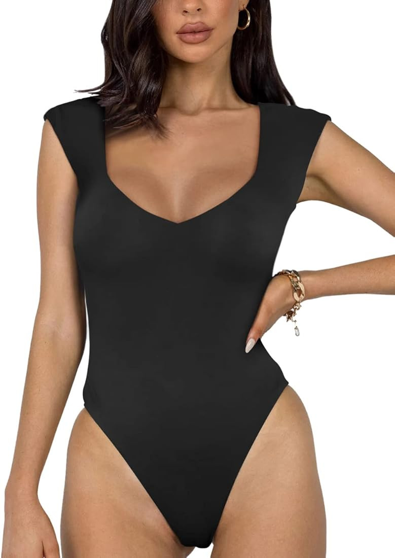 REORIA Women's Sexy Casual V Neck Double Lined Sleeveless Slimming Going Out Tank Top Bodysuits | Amazon (US)