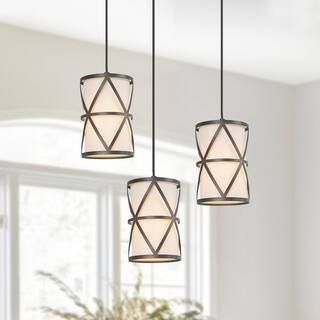 Industrial Farmhouse Pendant 1-Light Dark Gray Drum Cage Mini Pendant Light with White Fabric Shade | The Home Depot