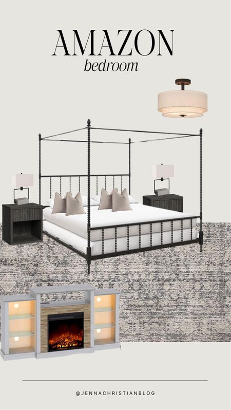 Bedroom design, all from Amazon.




Metal canopy bed frame, throw pillows, bedroom light fixture, side table, electric fireplace, bedroom rug, table lampp

#LTKHome