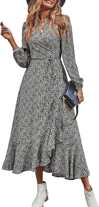 PRETTYGARDEN Women’s Long Sleeve Bohemian Dress V-Neck Floral Print High Split Tie Wrap Midi Fl... | Amazon (US)