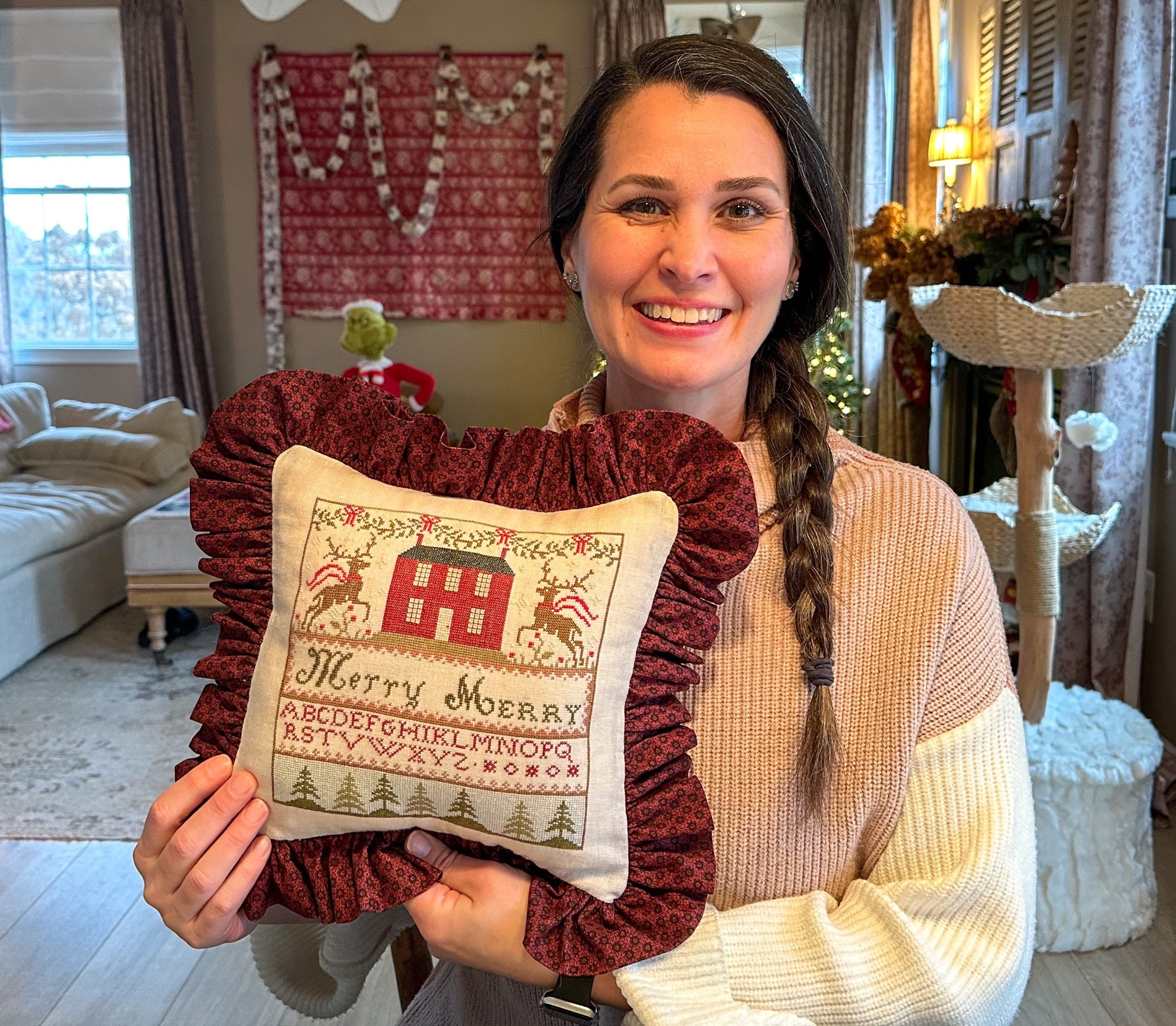 FlossTube 23 is officially LIVE! Grab you stitching or any craft you’re working on friends and let’s hang out. I’m sharing this adorable finished pillow ruffles and all. I have some Santa’s finished, few new starts and update’s. 
Pattern is Merry Merry by @stacynashdesigns 
Link in BIO and I’ve also linked in my stories. 
Love y’all mucho! 🫶🏼
.
.
.
.
.
 #needleworksociety #flosstube #crossstitchlove #christmascrossstitch #stitchingart

#LTKdayinmylife #LTKHoliday #LTKSeasonal