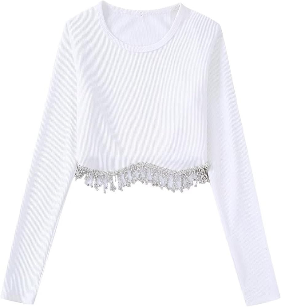 Women's Ribbed Knit Crop Tops Sexy Long Sleeve Rhinestone Tassel Crew Neck Tee Shirt | Amazon (US)