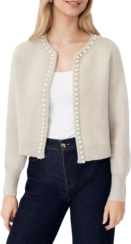 Kedera Women's Open Front Cardigan Sweater Long Sleeve Pearl Trim Cropped Sweater Embellished Kni... | Amazon (US)