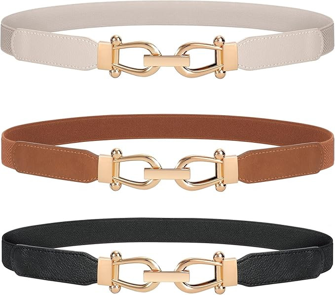 JASGOOD Women Stretchy Waist Belt Retro Elastic Skinny Belt for Ladies with Gold Buckle | Amazon (US)