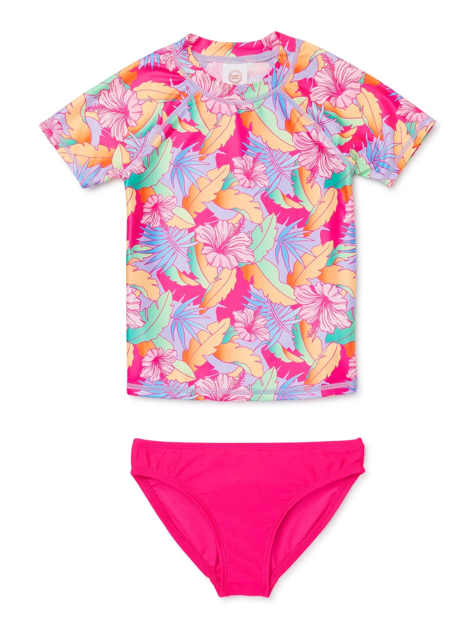 Wonder Nation Girls Short Sleeve Rashguard Swimsuit with UPF 50, Sizes 4-18 & Plus | Walmart (US)