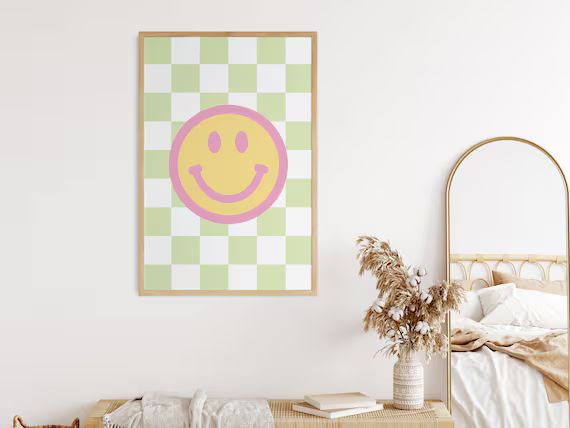 Smiley Face Print Pastel Prints Retro Poster Checkered | Etsy | Etsy (US)