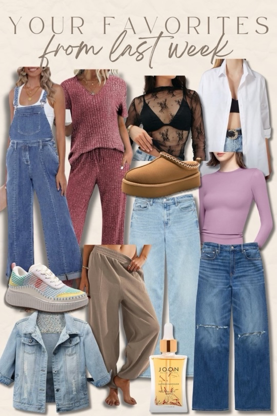 Amazon overalls, true to size // Amazon PJ set, I size up one to an XL // Amazon lace top, true to size // Amazon oversized button up, true to size // Ugg dupes, true to size // Amazon fitted tee, true to size // Amazon colorful tennies, true to size // Amazon lounge pants, size up! // AE denim, size down one, I wear the 10 short // Amazon denim jacket, true to size // my favorite hair oil 

#LTKMidsize #LTKStyleTip #LTKFindsUnder50